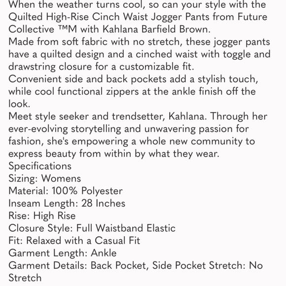 Kahlana Barfield Brown Quilted High-Rise Jogger Pant Future Collective XL Cinch - Picture 9 of 9
